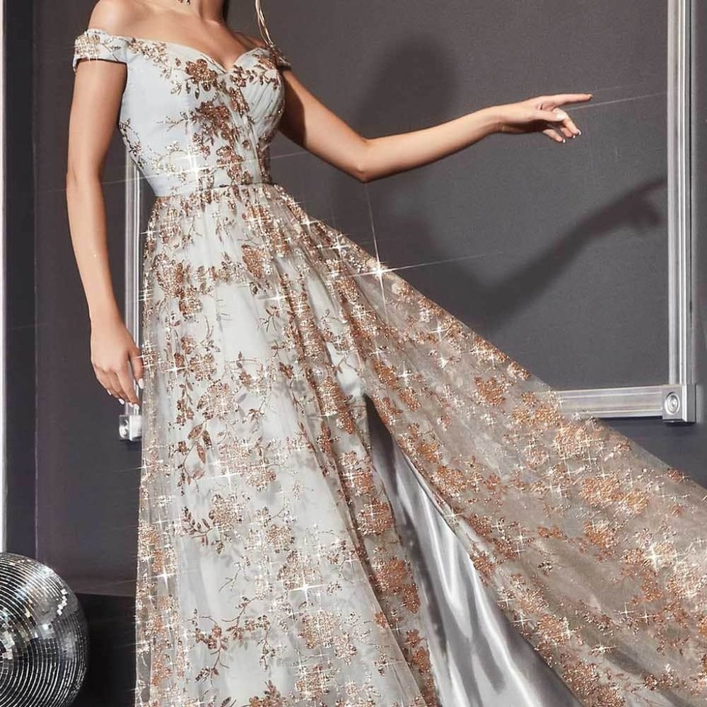 Cinderella Divine CB069 Floral Print A-Line Prom Gown in Gold Mist Size 10